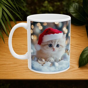 Ceramic Mug - Cute Persian Kitten wearing Santa Hat,Holiday Christmas Gift, Cat Lover Present,Festive Hot Cocoa Cup, Pet Owner Gift