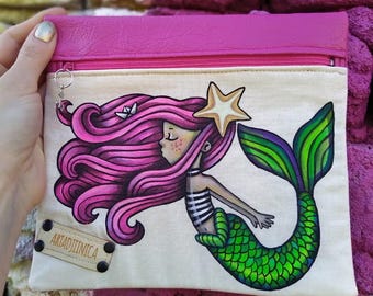 Hand-Painted Mermaid Pencil Case / Makeup Bag – Unique Handmade Gift