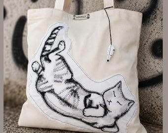 Cat Tote Bag – Handmade Cotton Shoulder Bag with Snap Closure, Eco Friendly Reusable Tote, Gift for Cat Lovers
