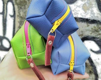 Colorful Leather Coin Purse, Handmade Zipper Pouch, Small Travel Wallet, Gift for Her