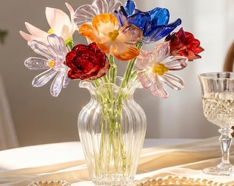 Mini glazen geboortebloemboeket, handgeblazen glazen bloemen met vaas, gepersonaliseerd verjaardagscadeau voor haar, moeder, oma, woondecoratie cadeau