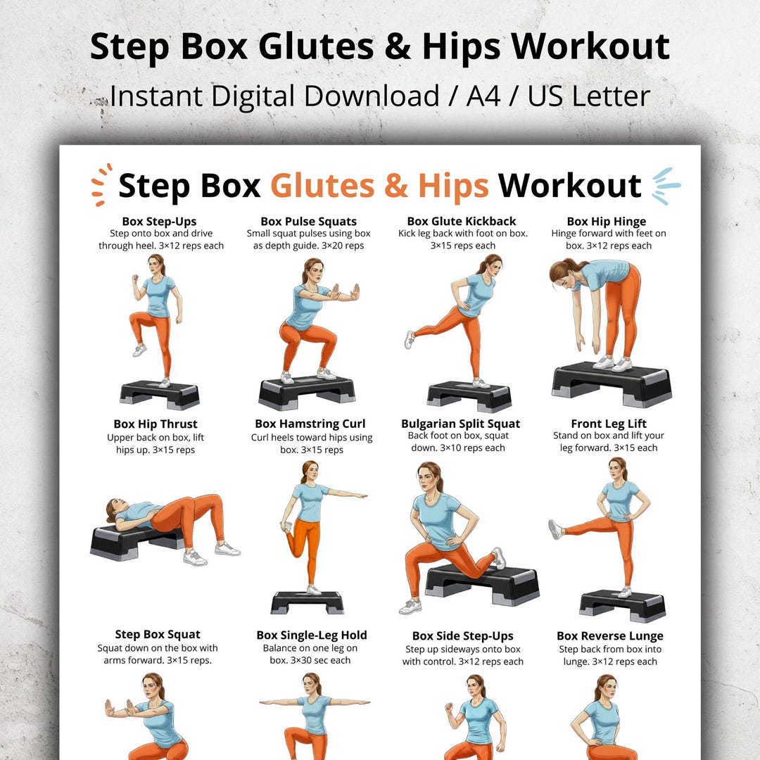 Step Box Glutes and Hips Exercise Poster – Glute, Hip and Leg Exercises ...
