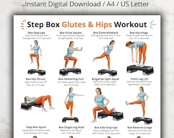Könnte beinhalten: Ein digitaler Trainingsleitfaden mit dem Titel "Step Box Glutes & Hips Workout" mit illustrierten Übungen. Der Leitfaden umfasst Step-Ups, Kniebeugen, Kickbacks, Hüftbeugen, Stöße, Hamstring Curls, Split Squats, Beinheben und Ausfallschritte.