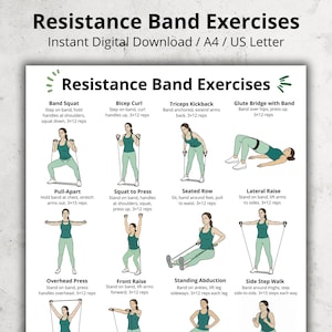 May include: A digital download showing resistance band exercises. The guide includes illustrations and instructions for exercises like band squats, bicep curls, and triceps kickbacks. The text reads "Resistance Band Exercises".