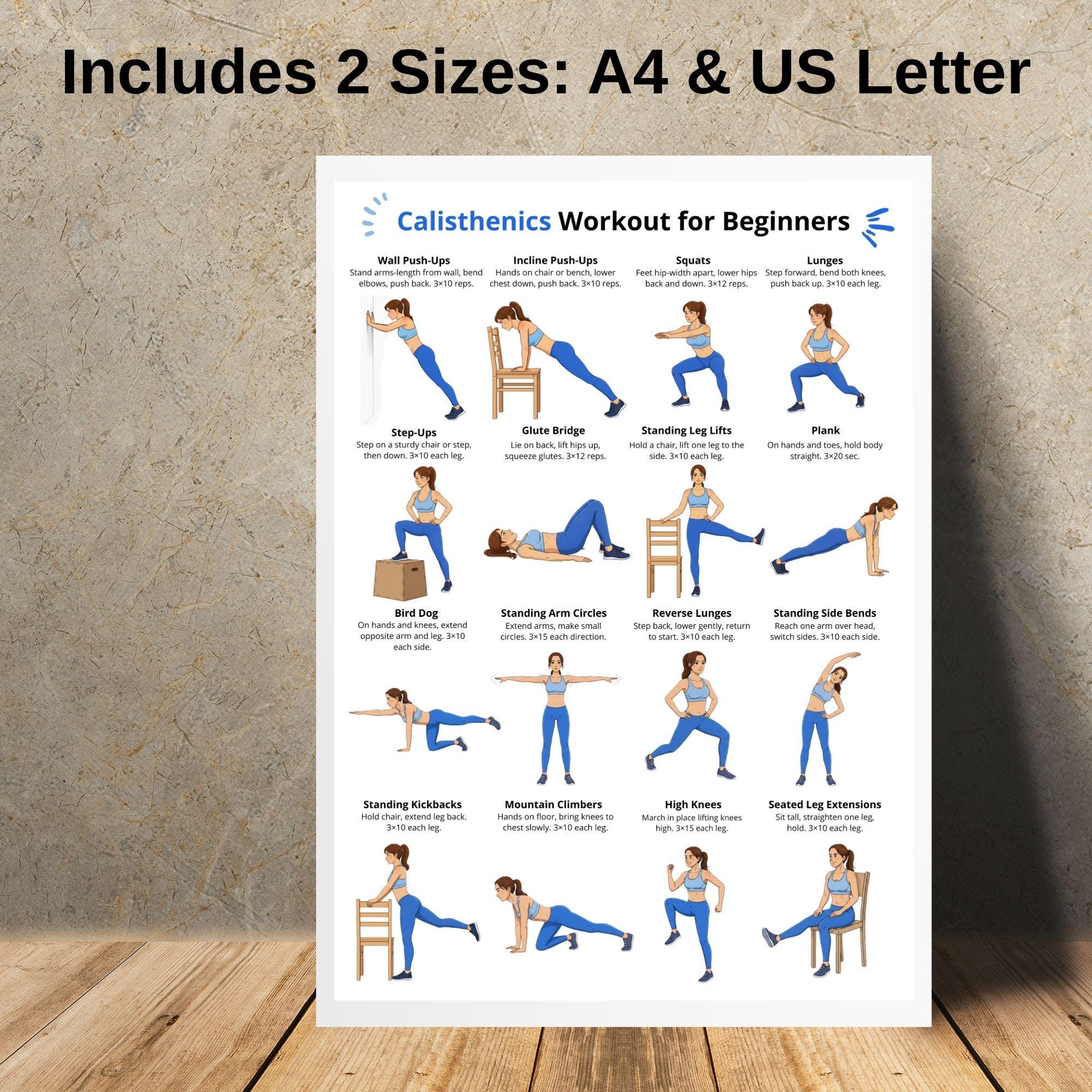 Calisthenics Workout for Beginners Printable | Bodyweight Exercise Chart | No Equipment Home ...