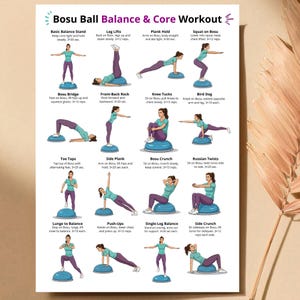 May include: A guide to Bosu Ball Balance & Core Workout, featuring illustrated exercises. The guide includes exercises such as leg lifts, plank hold, squats, and side crunches. Each exercise is demonstrated by a person on a blue Bosu ball.