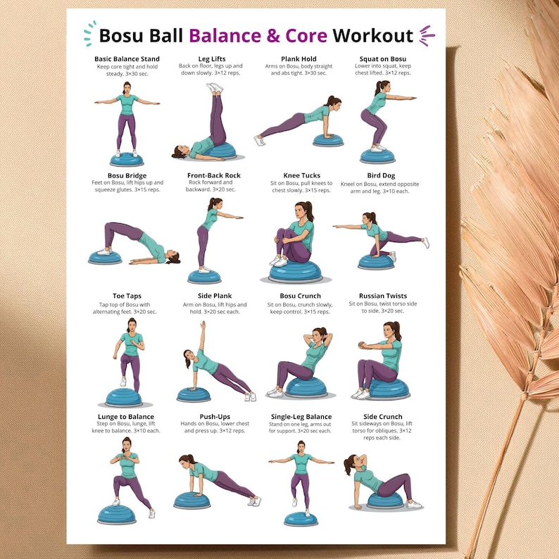 May include: A guide to Bosu Ball Balance & Core Workout, featuring illustrated exercises. The guide includes exercises such as leg lifts, plank hold, squats, and side crunches. Each exercise is demonstrated by a person on a blue Bosu ball.