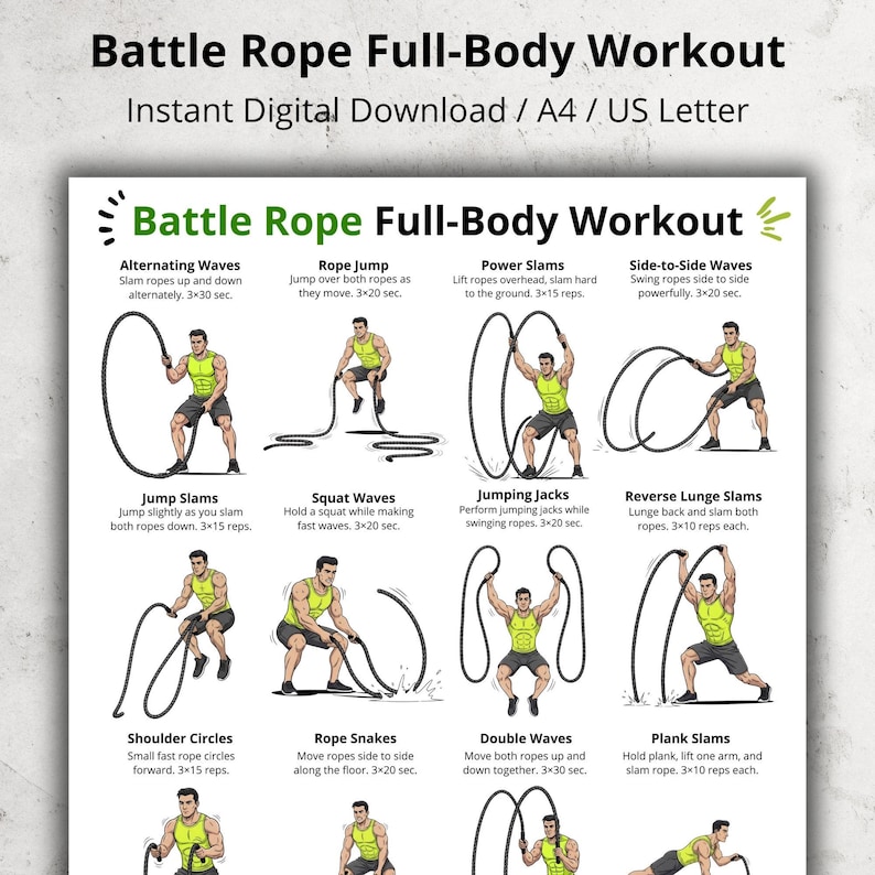 Battle Rope Full Body Workout Poster, Battle Rope Exercises Printable ...