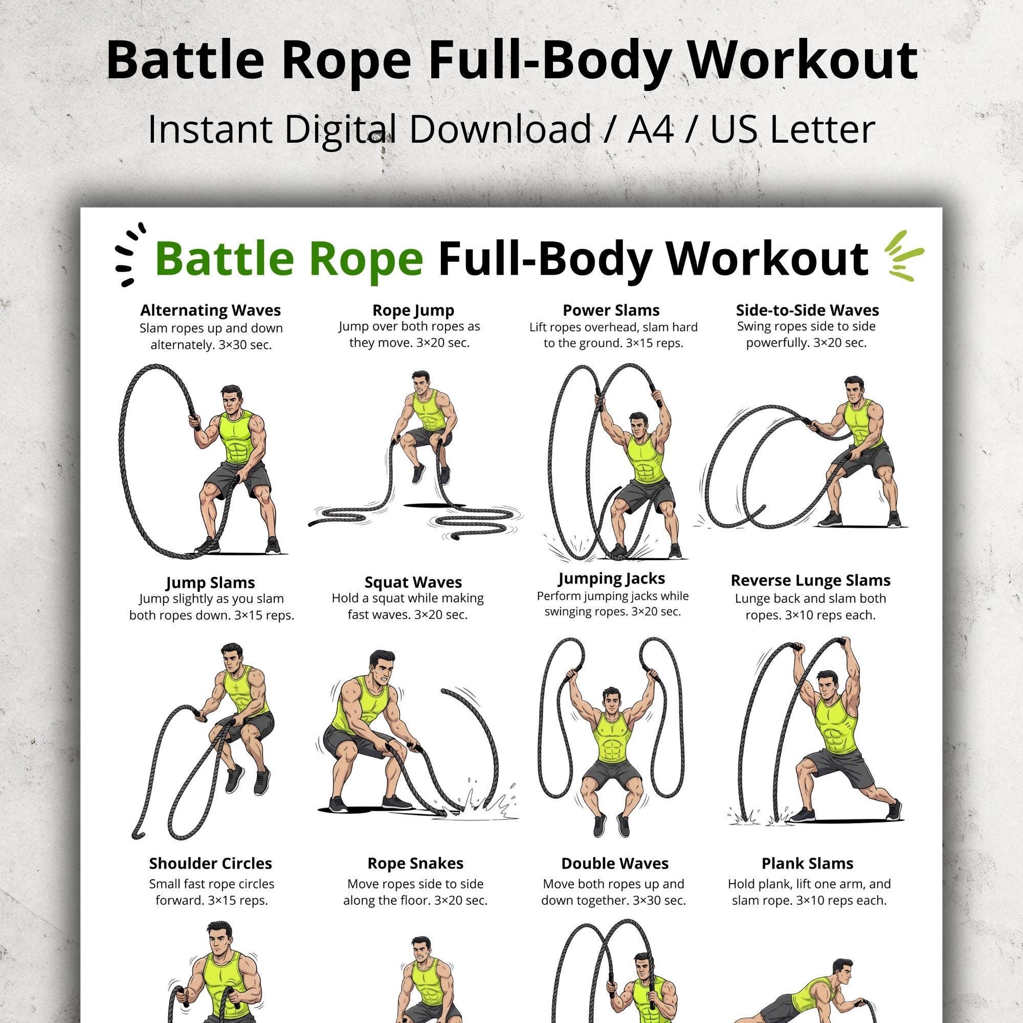 Battle Rope Full Body Workout Poster, Battle Rope Exercises Printable ...