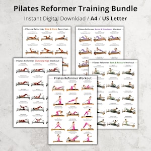 Op de afbeelding: Een verzameling Pilates Reformer workout gidsen. De gidsen bevatten oefeningen voor buikspieren & core, armen & schouders, billen & heupen, rug & houding en een algemene workout. De tekst luidt: "Pilates Reformer Training Bundle".