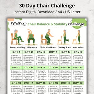 Puede incluir: Un plan de entrenamiento imprimible de 30 días para el desafío de la silla. La descarga digital incluye ejercicios como marcha sentada, flexiones laterales y elevaciones de talones. El gráfico está diseñado para el equilibrio y la estabilidad.