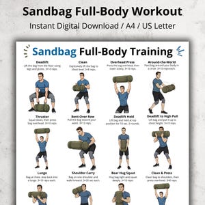 Puede incluir: Una impresión digital titulada "Sandbag Full-Body Workout" con instrucciones de ejercicios. La impresión presenta ilustraciones de varios ejercicios, incluyendo peso muerto, clean y press por encima de la cabeza, utilizando una bolsa de arena.