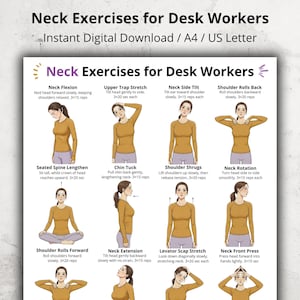 Puede incluir: Una guía imprimible titulada "Ejercicios de cuello para trabajadores de escritorio" con ilustraciones que demuestran varios estiramientos de cuello. Los ejercicios incluyen flexión de cuello, inclinaciones laterales y rotaciones de hombros.