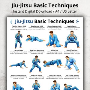 Puede incluir: Impresión digital titulada "Jiu-Jitsu Basic Techniques" con ilustraciones de varios movimientos de artes marciales. El póster incluye texto que describe cada técnica, como "Fighting Stance Hold" y "Side Control Hold".