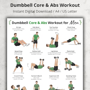 Peut inclure: Un guide d'entraînement numérique intitulé "Dumbbell Core & Abs Workout" avec des illustrations d'exercices. Le guide comprend des exercices comme les sit-ups, les flexions latérales, les touches d'orteils et les tractions de planche. Téléchargement numérique instantané.