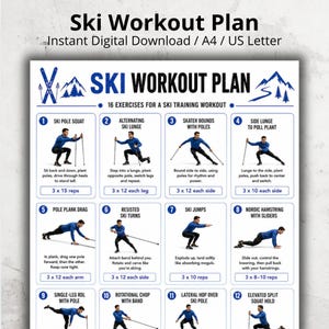 May include: A white digital document titled Ski Workout Plan featuring 16 exercises for ski training. The layout includes numbered boxes with illustrations of a person performing movements like ski pole squats, lunges, and jumps with text instructions.