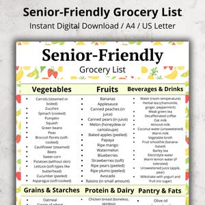 May include: A digital grocery list labelled "Senior-Friendly Grocery List", divided into sections for vegetables, fruits, beverages, grains, protein, and pantry items. Available for digital download in A4 and US Letter sizes.