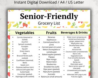 May include: A digital grocery list titled "Senior-Friendly Grocery List" with sections for vegetables, fruits, beverages, grains, protein, and pantry items. The list is designed for easy digital download and is available in A4 and US Letter sizes.