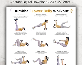 Könnte beinhalten: Ein digitaler Trainingsleitfaden mit dem Titel "Dumbbell Lower Belly Workout" mit illustrierten Übungen. Der Leitfaden enthält Übungen wie Kurzhantel-Beinheben, Plank Pull Throughs und Kurzhantel-Flutter-Kicks. Der Text enthält auch "Instant Digital Download / A4 / US Letter."