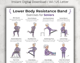 Pode incluir: Uma impressão digital intitulada "Exercícios com Banda de Resistência para Idosos". A imagem exibe exercícios ilustrados para treinos da parte inferior do corpo usando bandas de resistência. Inclui exercícios como mini agachamentos e glúteos.