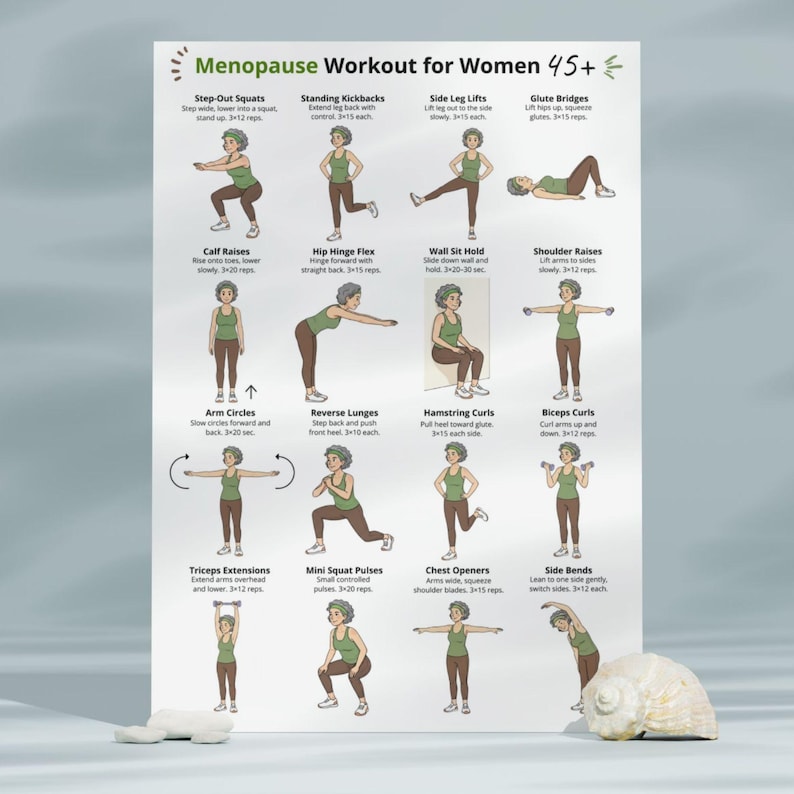 Puede incluir: Un p&oacute;ster titulado "Menopause Workout for Women 45+" muestra ejercicios ilustrados, incluyendo sentadillas, patadas y c&iacute;rculos de brazos. Los ejercicios son demostrados por una mujer con una camiseta verde y pantalones marrones. Una concha y una piedra est&aacute;n en primer plano.