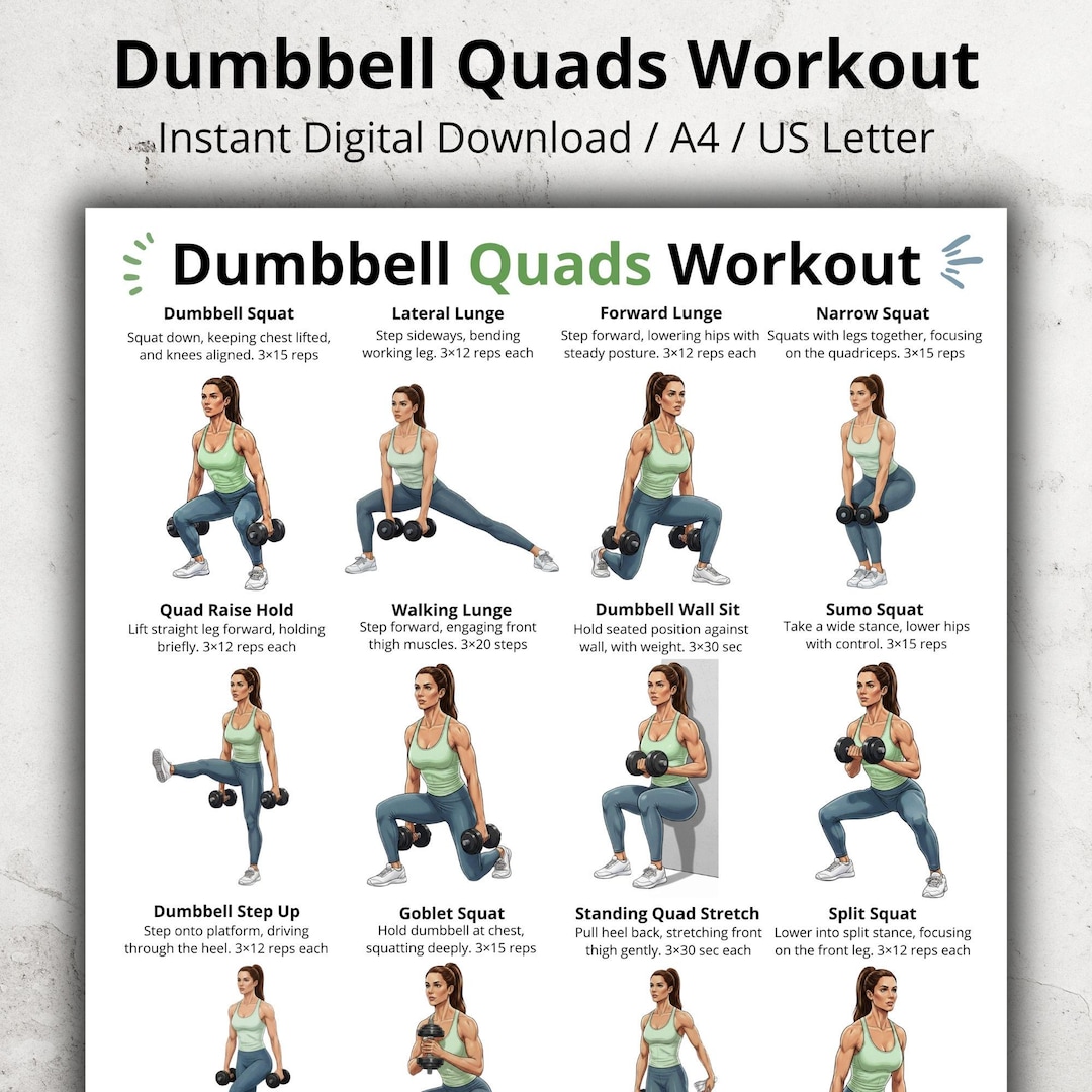 Dumbbell Quads Workout PDF, Quadriceps Exercise Chart Printable, Leg ...