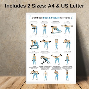 May include: A white poster with a "Dumbbell Back & Posture Workout" guide. The poster includes illustrations of various exercises, such as Bent-Over Row, Upright Row, and Renegade Row. The text at the top says "Includes 2 Sizes: A4 & US Letter".