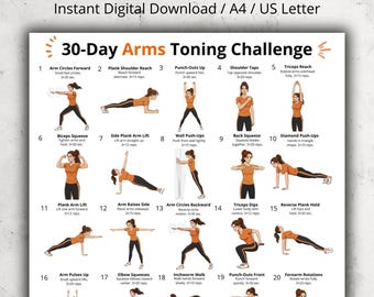 30 dagen armuitdaging afdrukbaar, poster bovenlichaamtraining, grafiek armoefeningen voor vrouwen, thuistraining pdf, armtraining zonder apparatuur