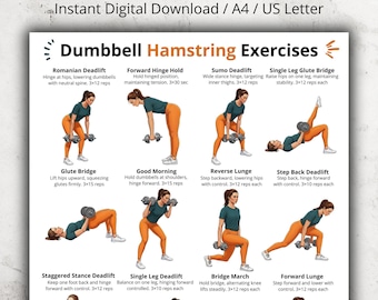 Póster de ejercicios para isquiotibiales con mancuernas en PDF, tabla de ejercicios para isquiotibiales imprimible, ejercicios de piernas para la parte inferior del cuerpo para gimnasio en casa (decoración de pared)