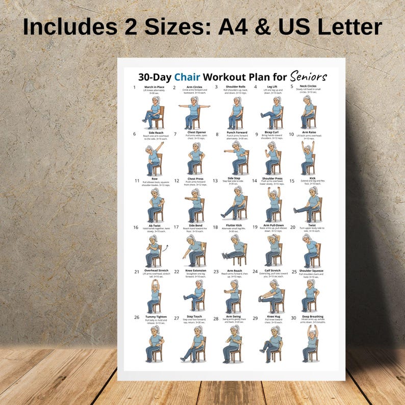 Puede incluir: Un p&oacute;ster blanco con un plan de entrenamiento en silla de 30 d&iacute;as para personas mayores. Incluye ilustraciones de ejercicios con instrucciones. El texto superior dice "30-Day Chair Workout Plan for Seniors". Disponible en tama&ntilde;os A4 y US Letter.