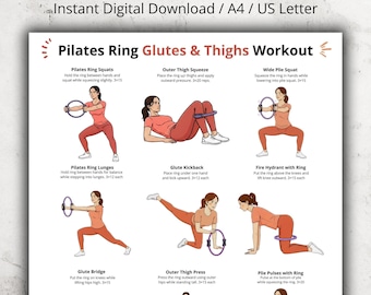 May include: A digital download featuring a Pilates ring workout guide. The guide includes illustrated exercises targeting glutes and thighs, such as squats, lunges, and presses. The exercises are demonstrated with a woman in activewear, with instructions for each movement.