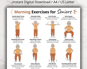 Morning Exercises for Seniors Printable, Daily Morning Exercise Routine, Gentle Standing Exercises for Older Adults, Low Impact Morning Yoga