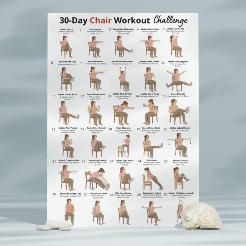 May include: A poster titled "30-Day Chair Workout Challenge" with exercise illustrations. The poster displays various exercises, such as chair squats, leg extensions, arm circles, and side bends. The exercises are demonstrated by a person in a seated position.