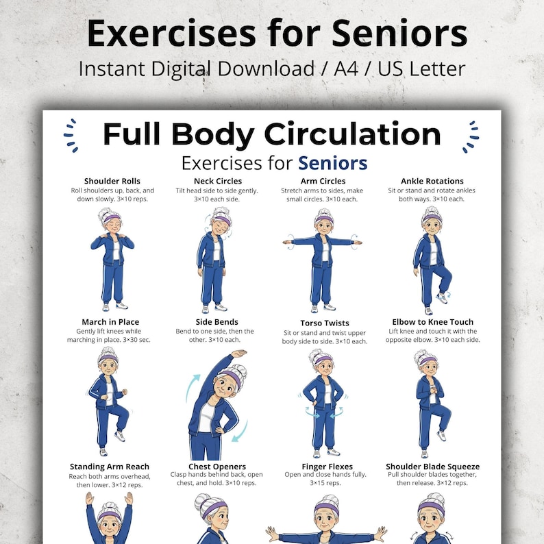 May include: A digital download titled "Exercises for Seniors" with illustrations of exercises for full body circulation. The exercises include shoulder rolls, neck circles, arm circles, ankle rotations, and more. The document is formatted for A4 and US Letter sizes.