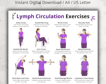 Lymph Exercise Chart | Hand Self Massage and Breathing Exercises | Seated & Standing Movements | Gentle Circulation Exercise PDF Poster