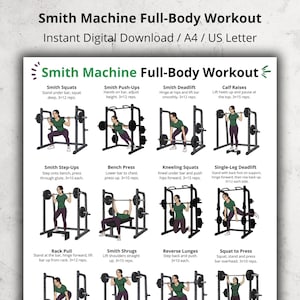 Puede incluir: Una guía de entrenamiento digital titulada "Smith Machine Full-Body Workout" con ilustraciones de ejercicios. Los ejercicios incluyen Smith Squats, Push-Ups, Deadlifts, Calf Raises, Step-Ups, Bench Press, Kneeling Squats, Single-Leg Deadlifts, Rack Pulls, Smith Shrugs, Reverse Lunges y Squat to Press.