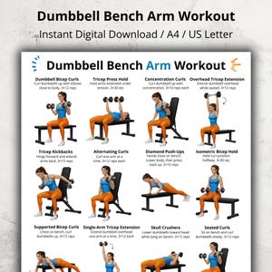 以下が含まれることがあります： 「Dumbbell Bench Arm Workout」と題された、さまざまなエクササイズを含むデジタルワークアウトガイド。ガイドには、バイセップカール、トリセップエクステンション、腕立て伏せなどのエクササイズのイラストが、指示と回数とともに含まれています。インスタントデジタルダウンロード。