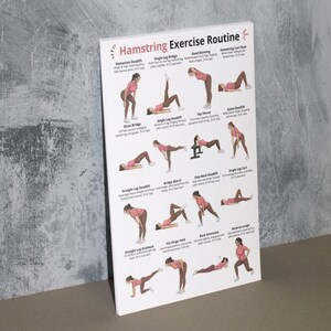 Puede incluir: Un p&oacute;ster blanco titulado "Hamstring Exercise Routine" con ilustraciones de varios ejercicios. El p&oacute;ster presenta a una mujer que demuestra cada ejercicio, incluyendo Romanian Deadlift, Single Leg Bridge y Hamstring Curl Floor.