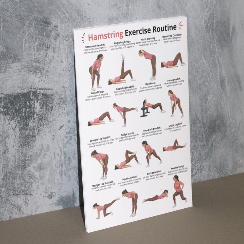 Puede incluir: Un p&oacute;ster blanco titulado "Hamstring Exercise Routine" con ilustraciones de varios ejercicios. El p&oacute;ster presenta a una mujer que demuestra cada ejercicio, incluyendo Romanian Deadlift, Single Leg Bridge y Hamstring Curl Floor.