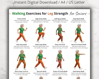 Walking Exercises for Seniors Printable, Leg Workout Walking Routine, Balance & Coordination Exercises PDF, Walking Workout for Older Adults