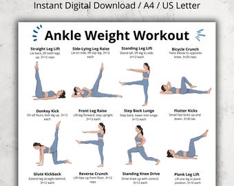 Könnte beinhalten: Ein digitaler Trainingsleitfaden mit dem Titel "Ankle Weight Workout" mit Übungsillustrationen. Der Leitfaden enthält Übungen wie Beinheben, Ausfallschritte und Crunches mit Anweisungen für Wiederholungen. Der Text enthält auch "Instant Digital Download / A4 / US Letter".