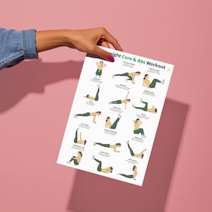 May include: A white paper titled "Weight Core & Abs Workout" is held against a pink background. The paper features illustrations of various exercises, including leg raises, side planks, and crunches. The paper is held by a person wearing a denim jacket.