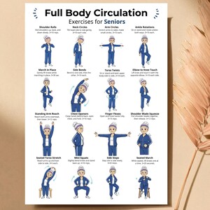 May include: A poster titled "Full Body Circulation Exercises for Seniors" displays illustrated exercises. The exercises include shoulder rolls, neck circles, arm circles, ankle rotations, marching in place, side bends, torso twists, and elbow to knee touch.