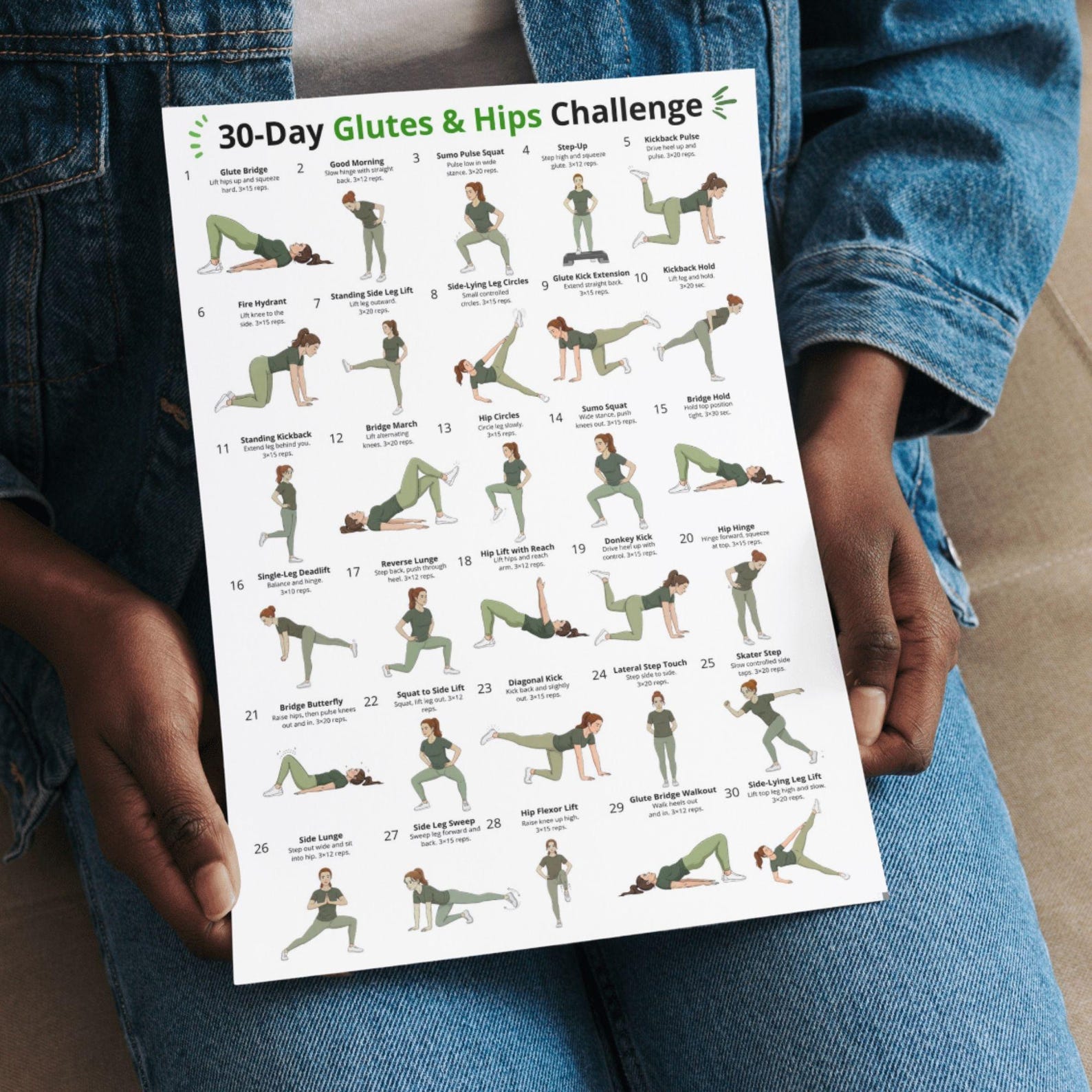 30 Day Glutes & Hips Challenge Poster, Lower Body Exercise Chart, Home ...