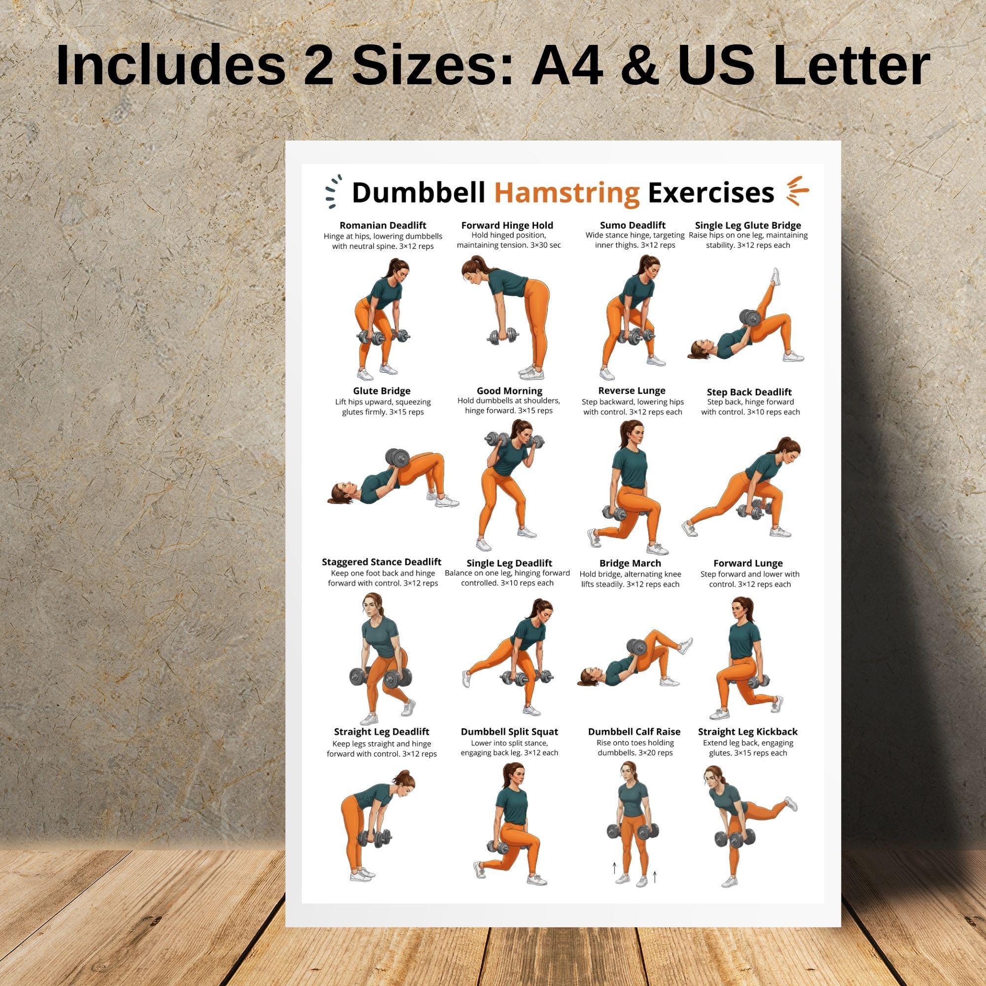 Dumbbell Hamstring Exercises Poster PDF, Hamstring Workout Chart ...