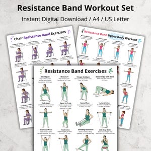 Pode incluir: Um conjunto de gráficos de exercícios imprimíveis para treinos com bandas de resistência. Os gráficos incluem ilustrações e instruções para vários exercícios. O texto no topo diz "Resistance Band Workout Set".
