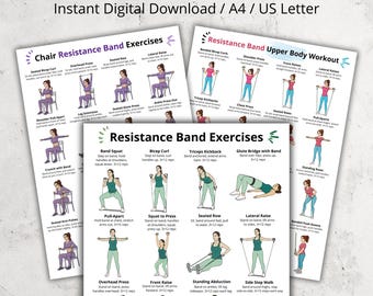 Resistance Band Workout Poster Set Printable - Full Body, Upper Body & Chair Exercises Charts, Home Workout with Resistance Bands PDF Bundle