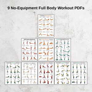 May include: Nine no-equipment full-body workout PDFs. The PDFs include exercises for full body floor exercises, HIIT home workouts, back strength and relaxation, bodyweight exercises, lean legs, post-workout stretches, core and abs, and good posture.