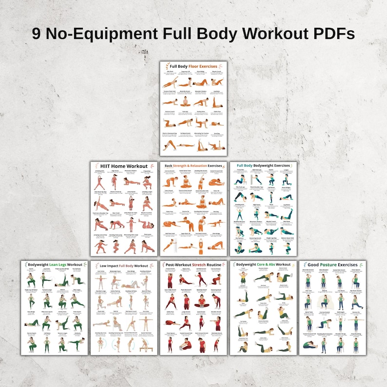 May include: Nine no-equipment full-body workout PDFs. The PDFs include exercises for full body floor exercises, HIIT home workouts, back strength and relaxation, bodyweight exercises, lean legs, post-workout stretches, core and abs, and good posture.