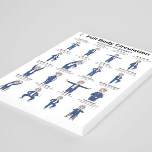 May include: A white paper titled "Full Body Circulation Exercises for Seniors" with illustrations of various exercises. The exercises are demonstrated by cartoon figures in blue tracksuits. The paper is stacked on a white surface.